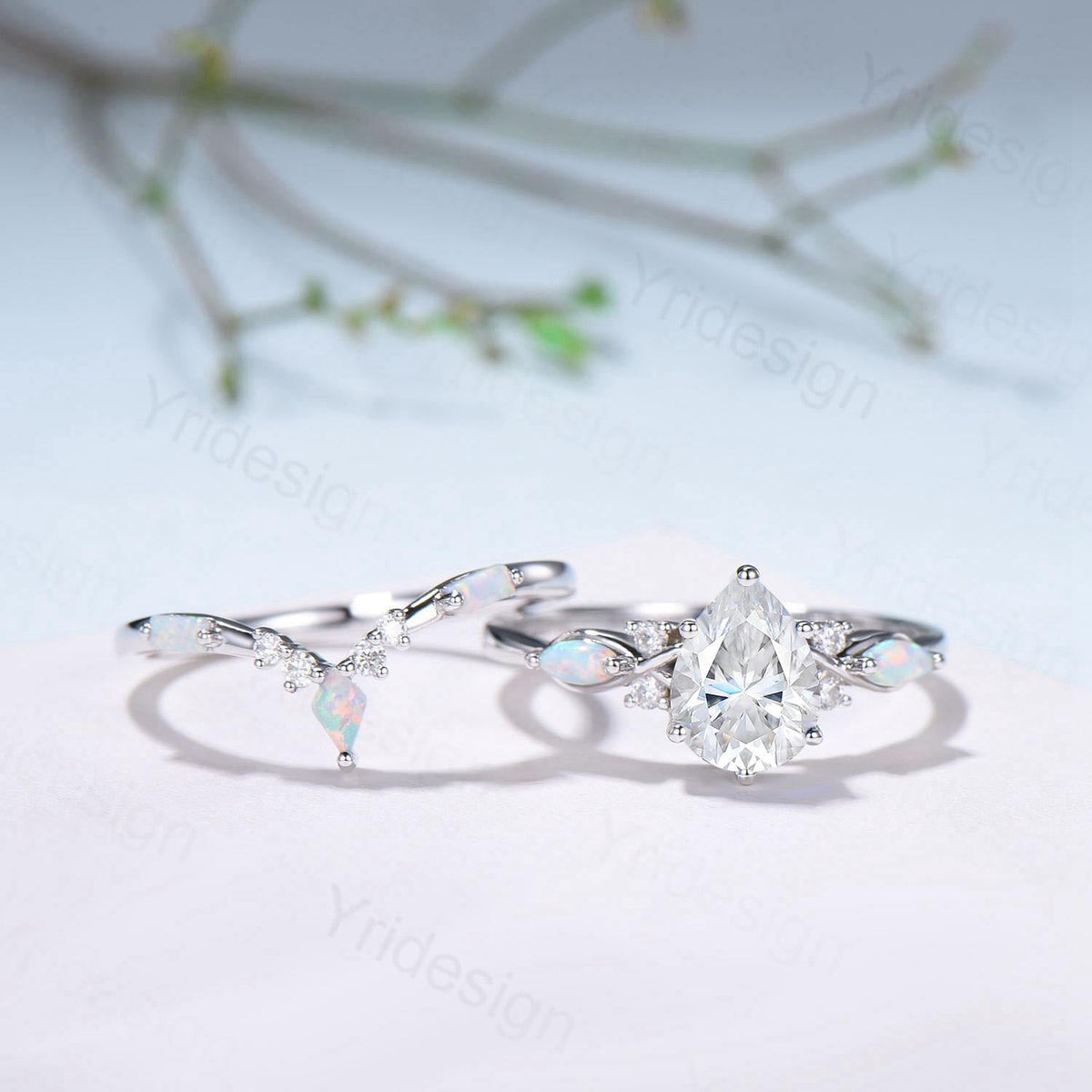 Vintage Pear Shaped Moissanite Wedding Ring Set, White Gold Accent Opal Stacking Band, Unique Moissanite Engagement Ring For Women