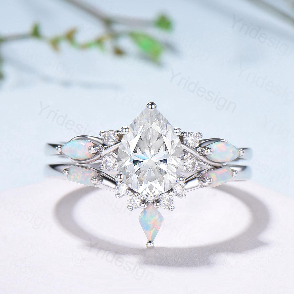 Vintage Pear Shaped Moissanite Wedding Ring Set, White Gold Accent Opal Stacking Band, Unique Moissanite Engagement Ring For Women