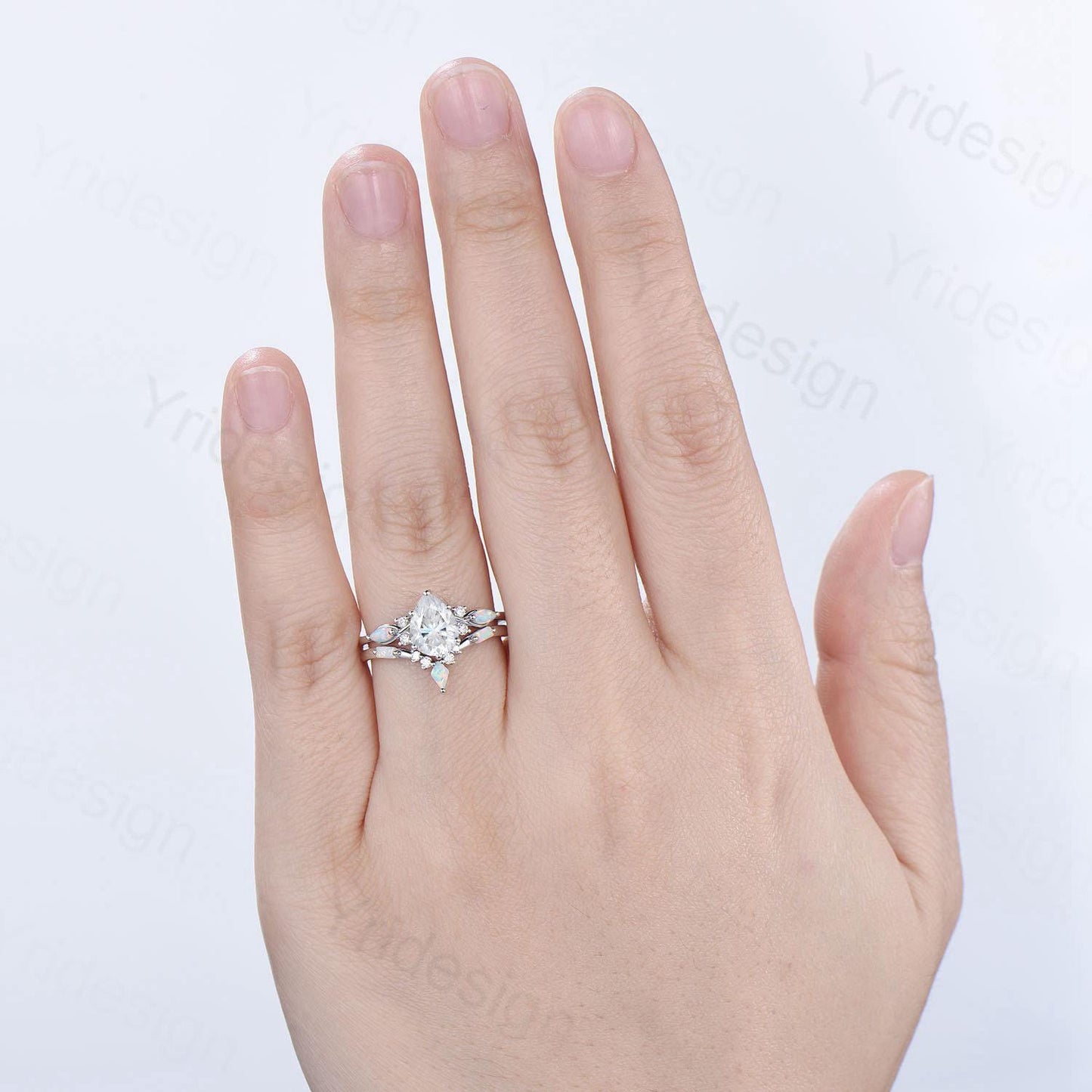 Vintage Pear Shaped Moissanite Wedding Ring Set, White Gold Accent Opal Stacking Band, Unique Moissanite Engagement Ring For Women