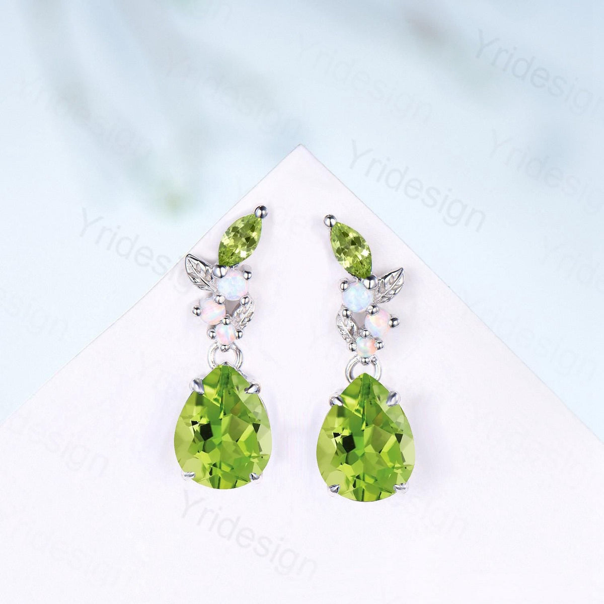 Vintage Pear Shaped Peridot Earrings, Leaf Vine Studs, Silver White Gold Nature Inspired Opal Earrings for Women