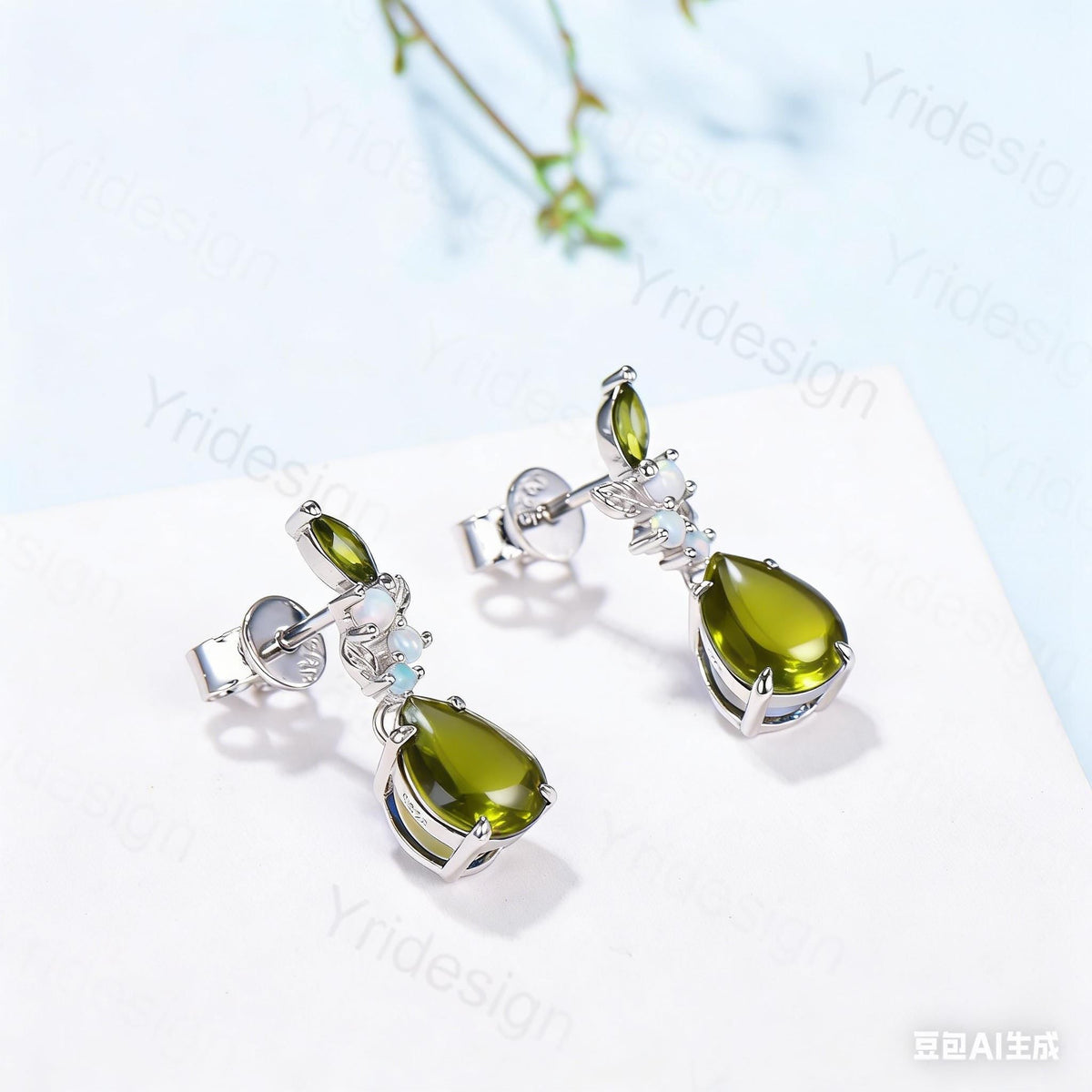 Vintage Pear Shaped Peridot Earrings, Leaf Vine Studs, Silver White Gold Nature Inspired Opal Earrings for Women