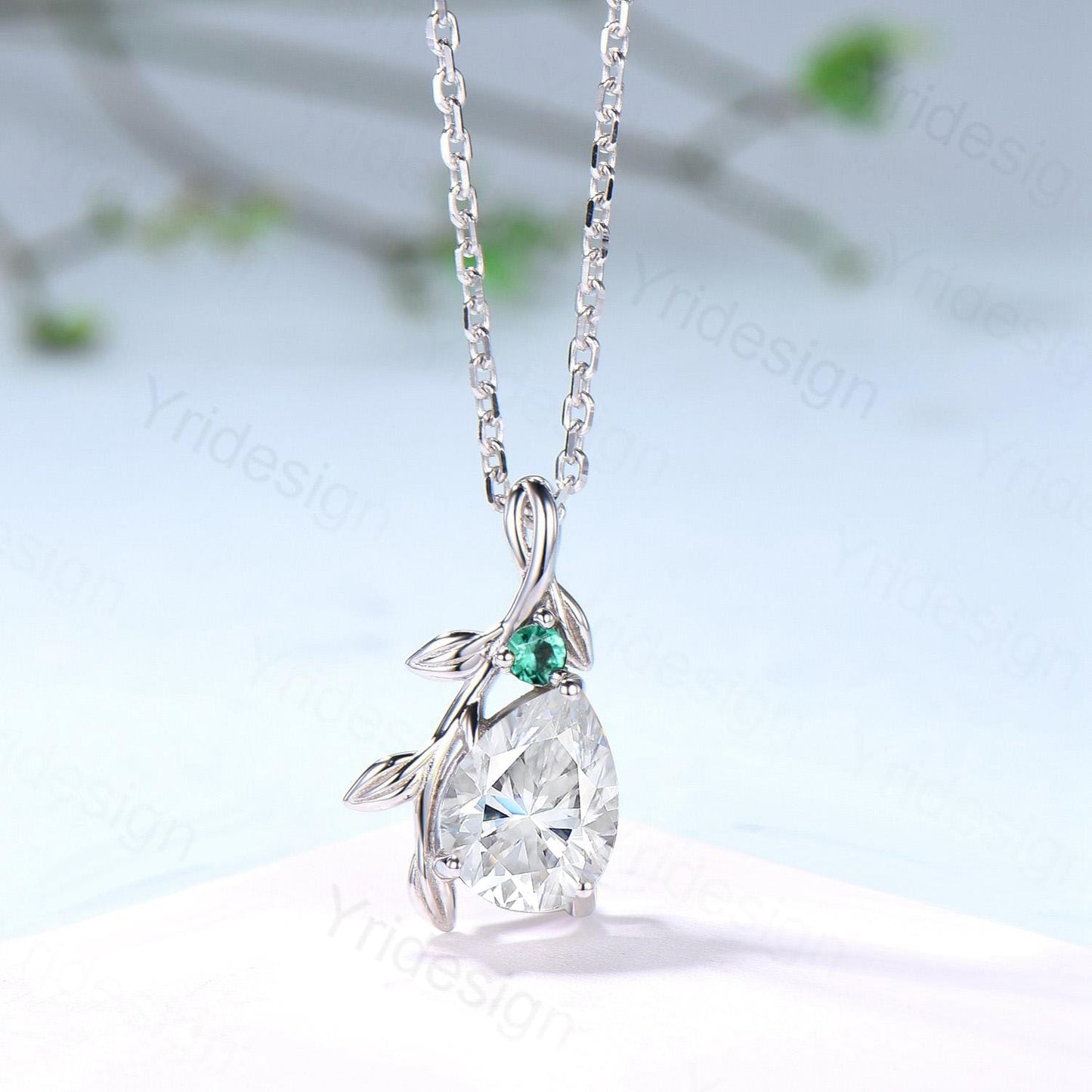 Elegant Pear Shaped Moissanite Pendant Necklace leaf vine branch emerald necklace Twisted nature inspired lab grown diamond anniversary gift