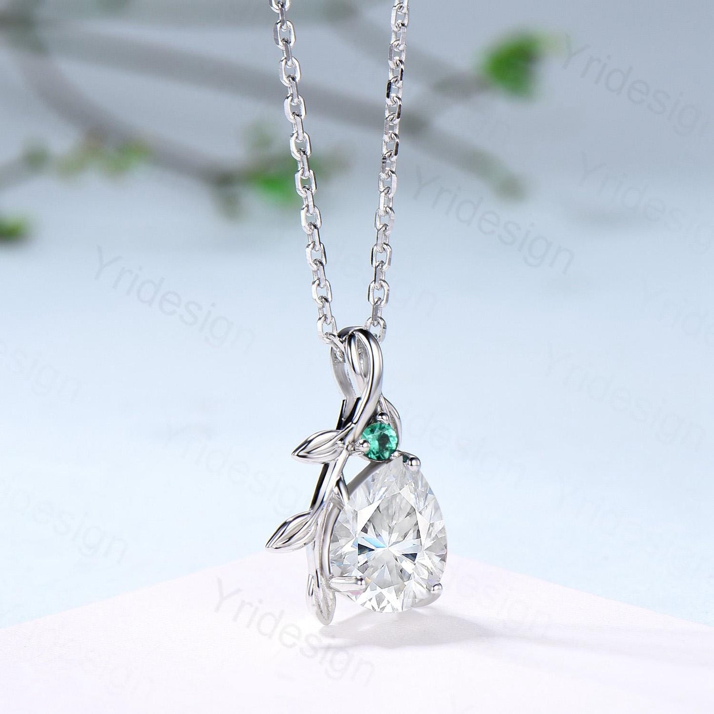 Elegant Pear Shaped Moissanite Pendant Necklace leaf vine branch emerald necklace Twisted nature inspired lab grown diamond anniversary gift