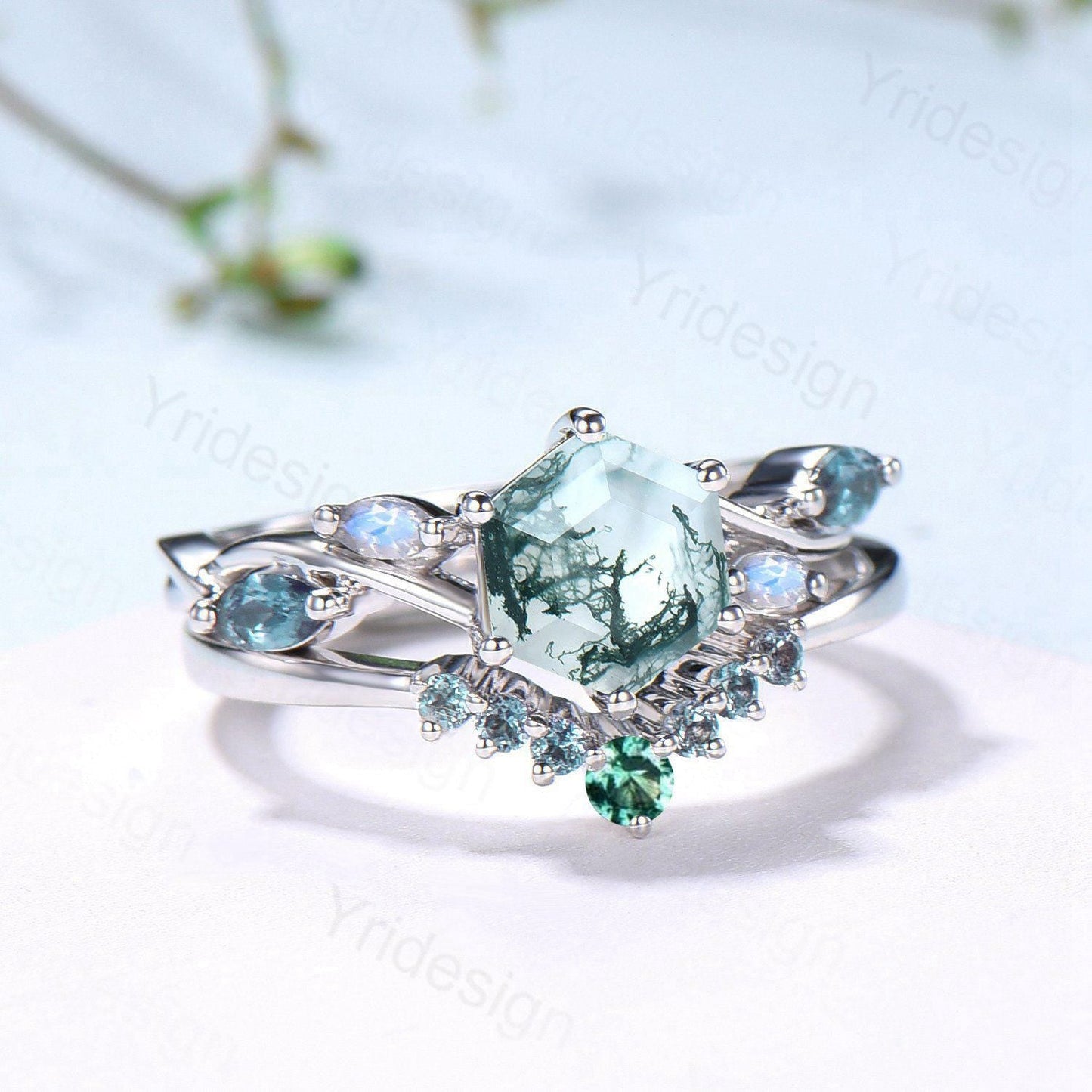 Hexagon Moss Agate Engagement Ring Set, Alexandrite, Moonstone, Emerald Band