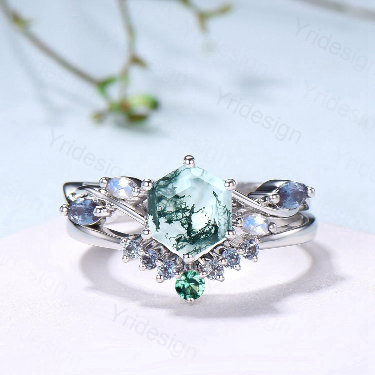 Hexagon Moss Agate Engagement Ring Set, Alexandrite, Moonstone, Emerald Band