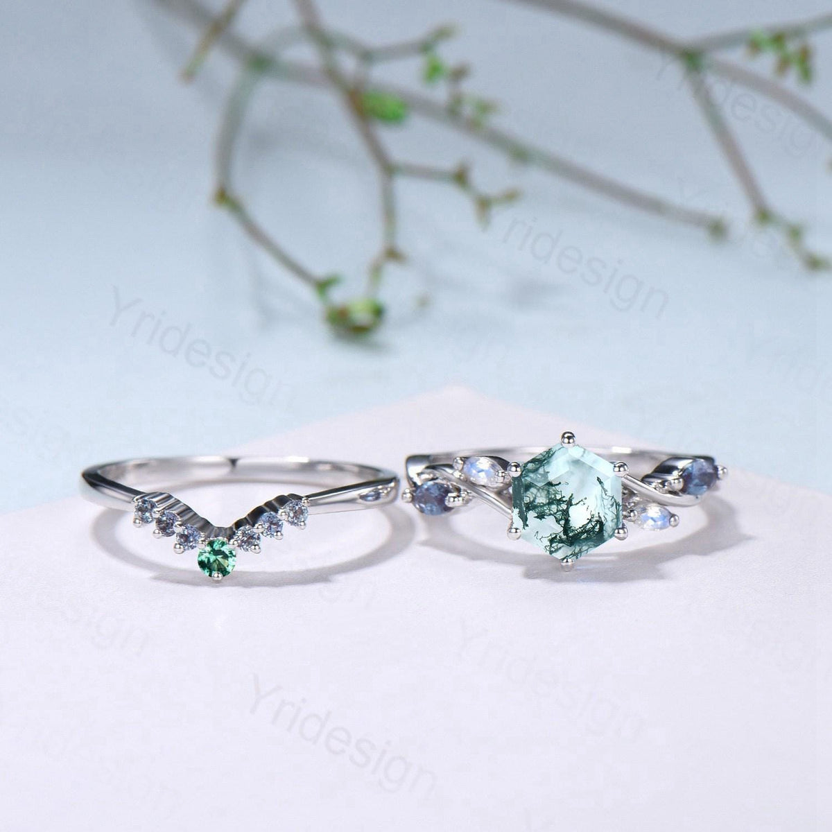 Hexagon Moss Agate Engagement Ring Set, Alexandrite, Moonstone, Emerald Band