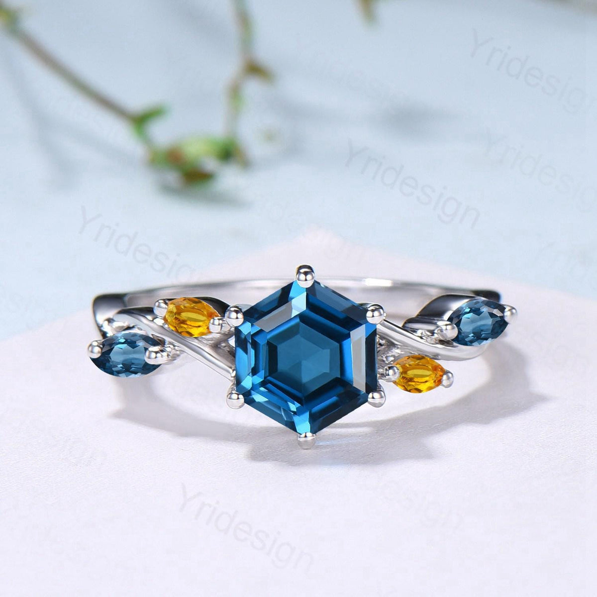 Unique Hexagon Cut London Blue Topaz Engagement Ring Set, Art Deco Marqusie Citrine Wedding Band, Alexandrite Amethyst Stacking Band