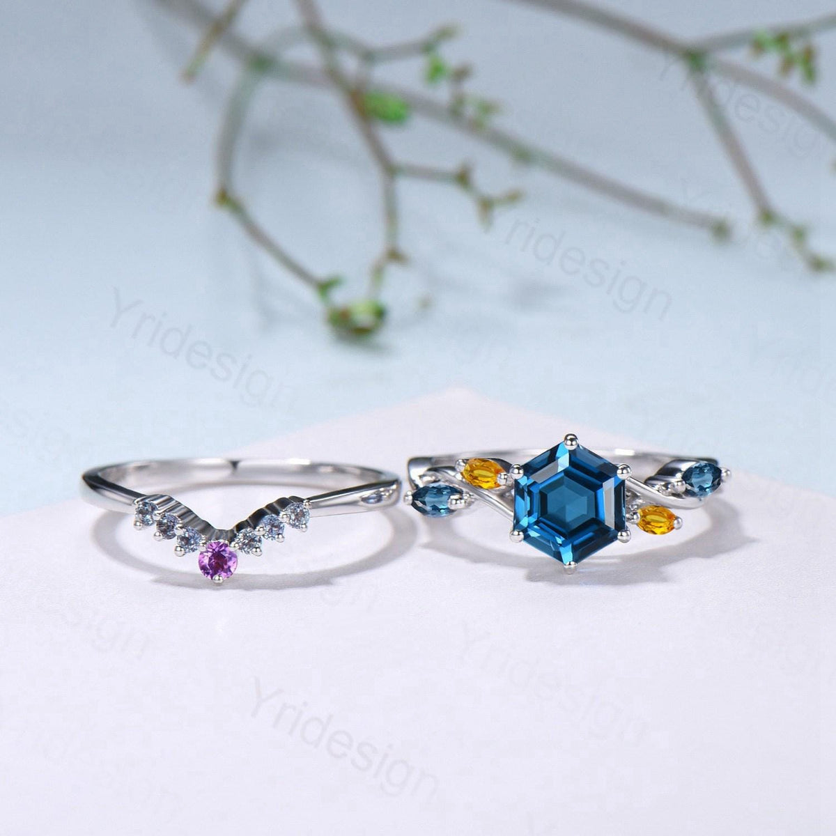Unique Hexagon Cut London Blue Topaz Engagement Ring Set, Art Deco Marqusie Citrine Wedding Band, Alexandrite Amethyst Stacking Band