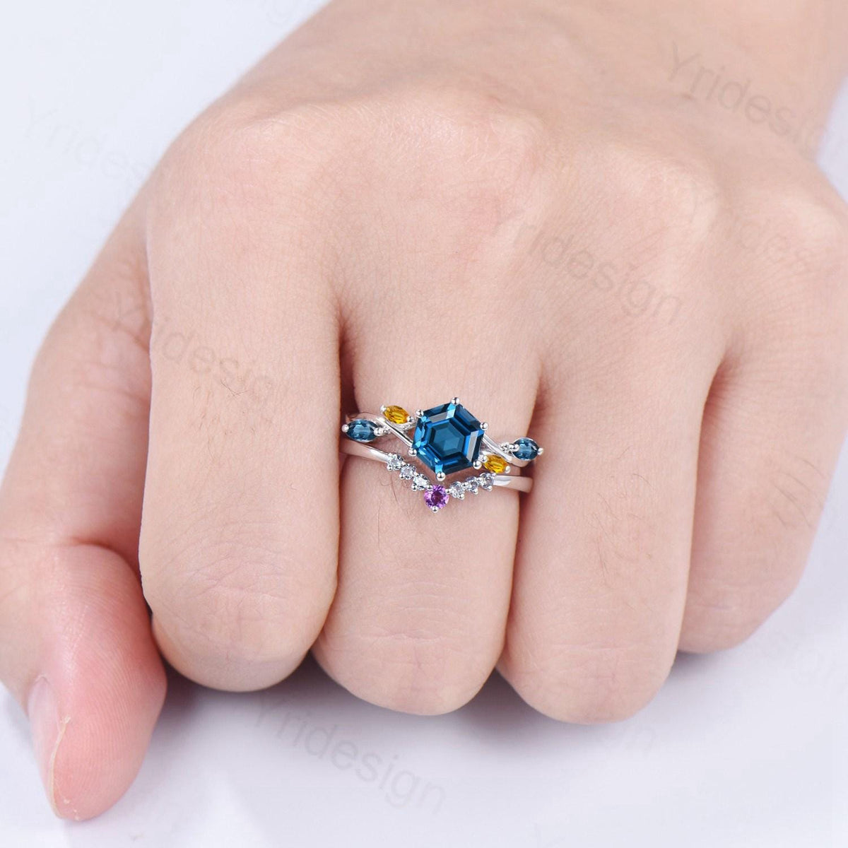 Unique Hexagon Cut London Blue Topaz Engagement Ring Set, Art Deco Marqusie Citrine Wedding Band, Alexandrite Amethyst Stacking Band