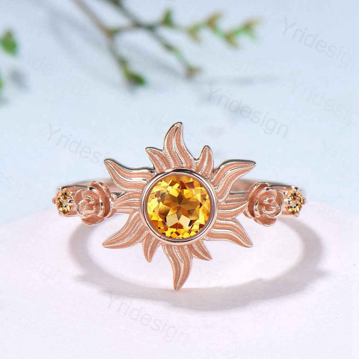 Sunflower Citrine Engagement Ring,  Rose Gold Flower Three Stone Ring