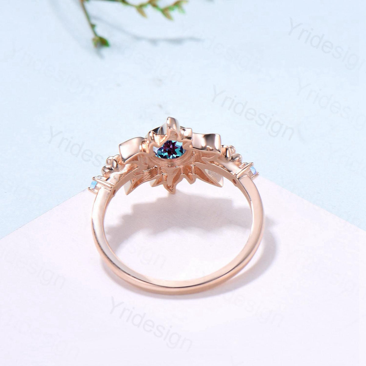 Rose Gold Sunflower Moonstone Engagement Ring & Tiny Alexandrite Accents | Celestial Flower Statement Ring for Women
