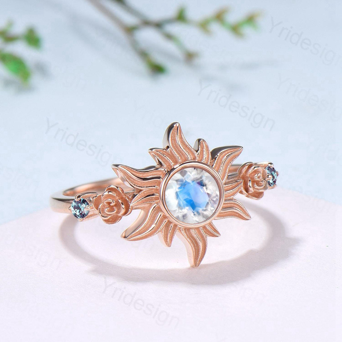 Vintage Sunflower Moonstone Engagement Ring & Tiny Alexandrite Accents | Celestial Flower Statement Ring for Women