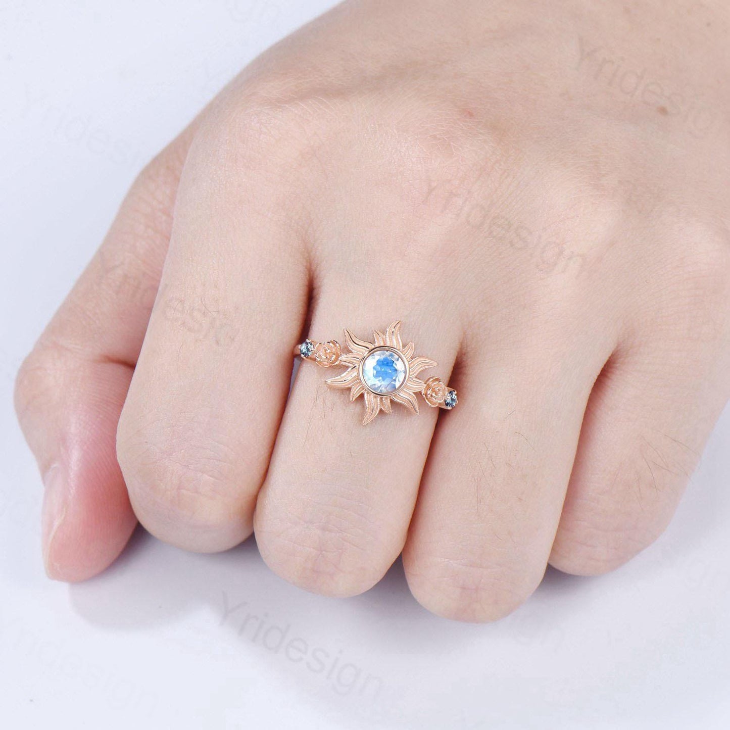 Vintage Sunflower Moonstone Engagement Ring & Tiny Alexandrite Accents | Celestial Flower Statement Ring for Women