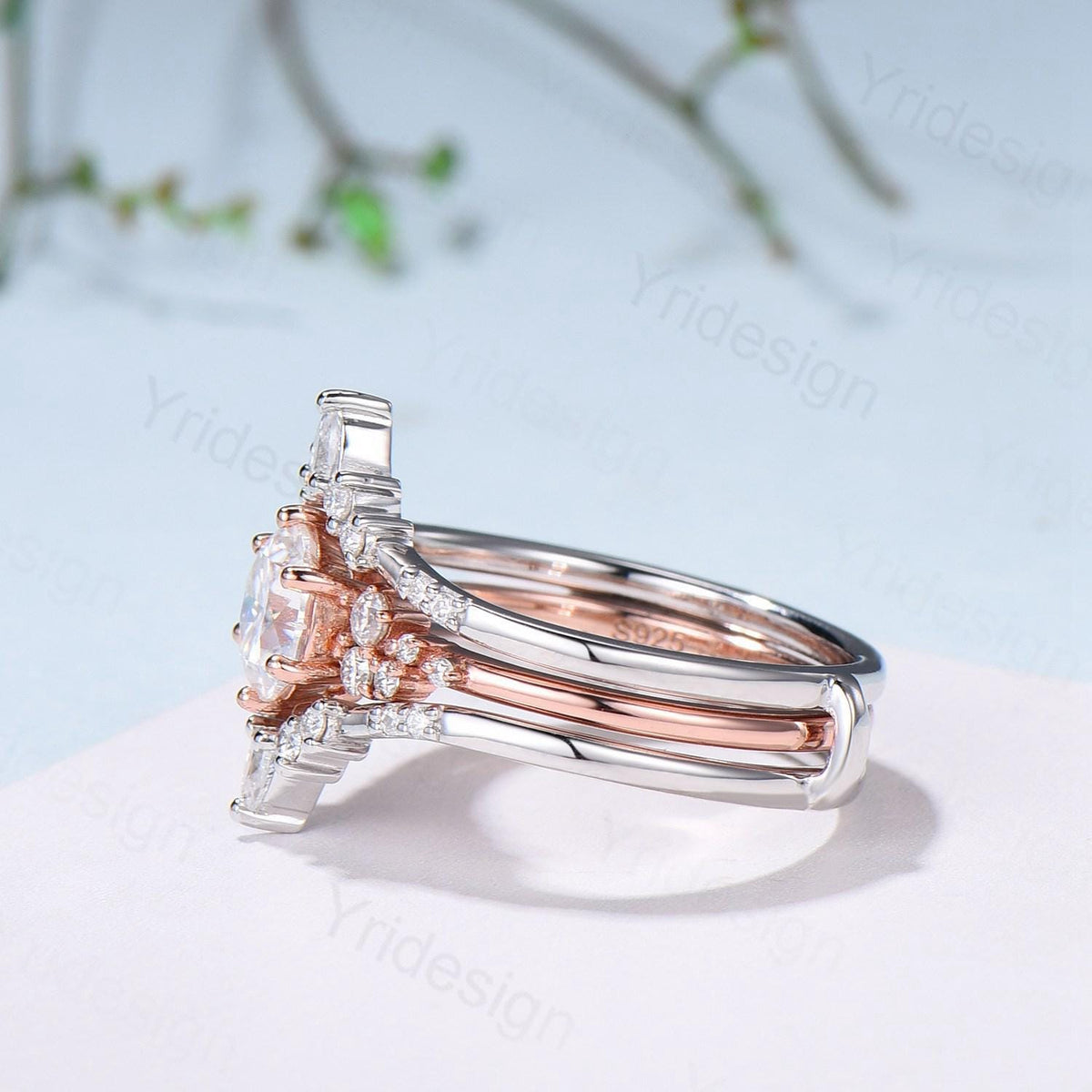 Snowdrift Moissanite Wedding Set, Round Brilliant Lab Grown Diamond Engagement Ring Set, Enhancer Stacking Band , Solid Gold Bridla Set