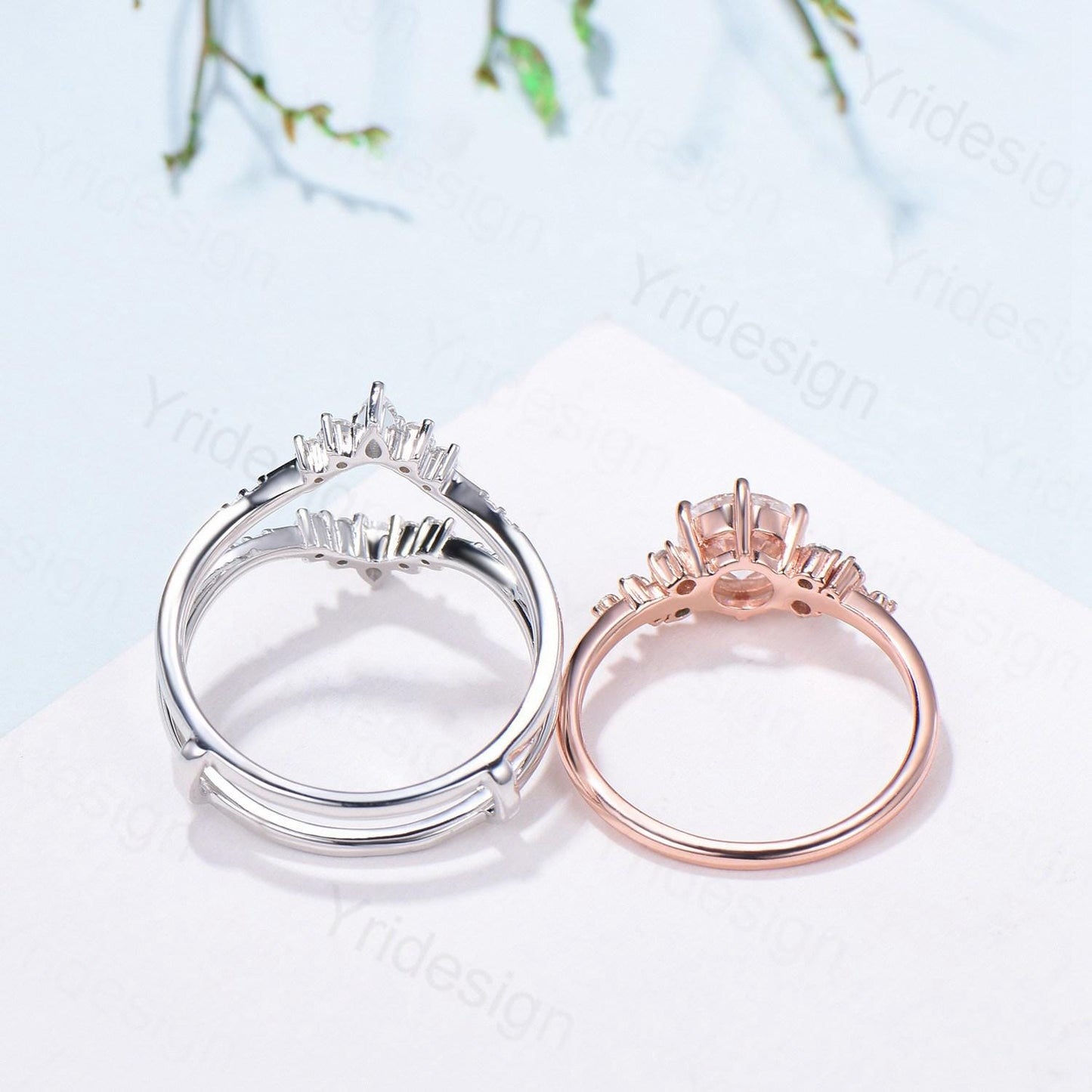 Snowdrift Moissanite Wedding Set, Round Brilliant Lab Grown Diamond Engagement Ring Set, Enhancer Stacking Band , Solid Gold Bridla Set