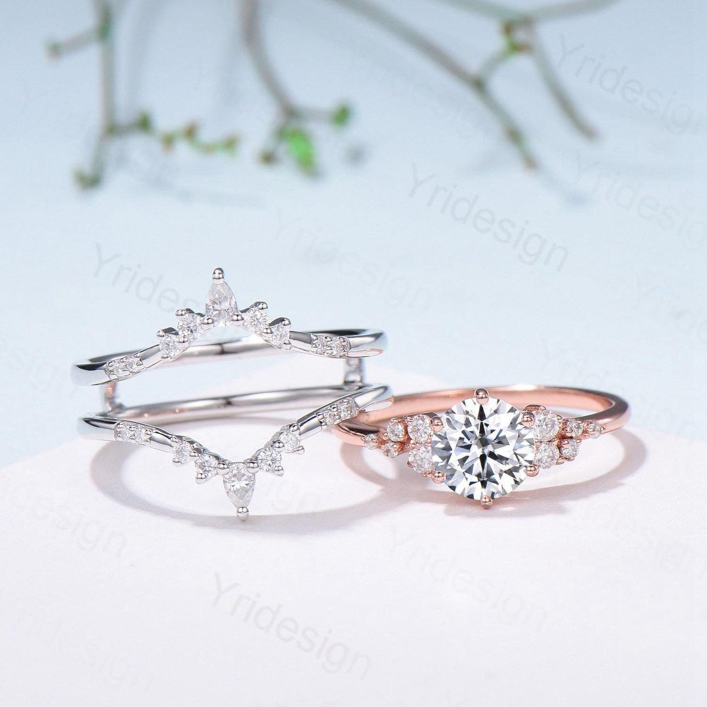 Snowdrift Moissanite Wedding Set, Round Brilliant Lab Grown Diamond Engagement Ring Set, Enhancer Stacking Band , Solid Gold Bridla Set