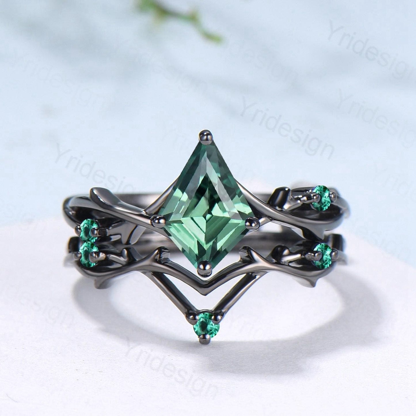 Art Deco Kite Cut Green Sapphire Engagement Ring Set, Black Gold Teal Sapphire Cluster Emerald Bridal Set Branch Vine Anniverry Ring