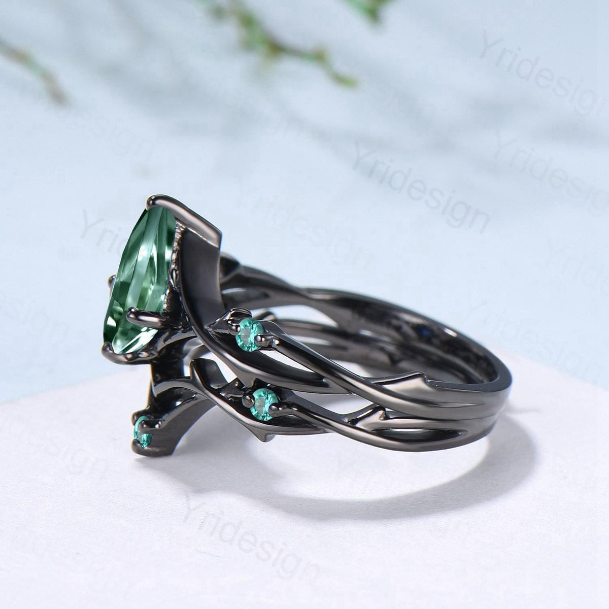 Art Deco Kite Cut Green Sapphire Engagement Ring Set, Black Gold Teal Sapphire Cluster Emerald Bridal Set Branch Vine Anniverry Ring