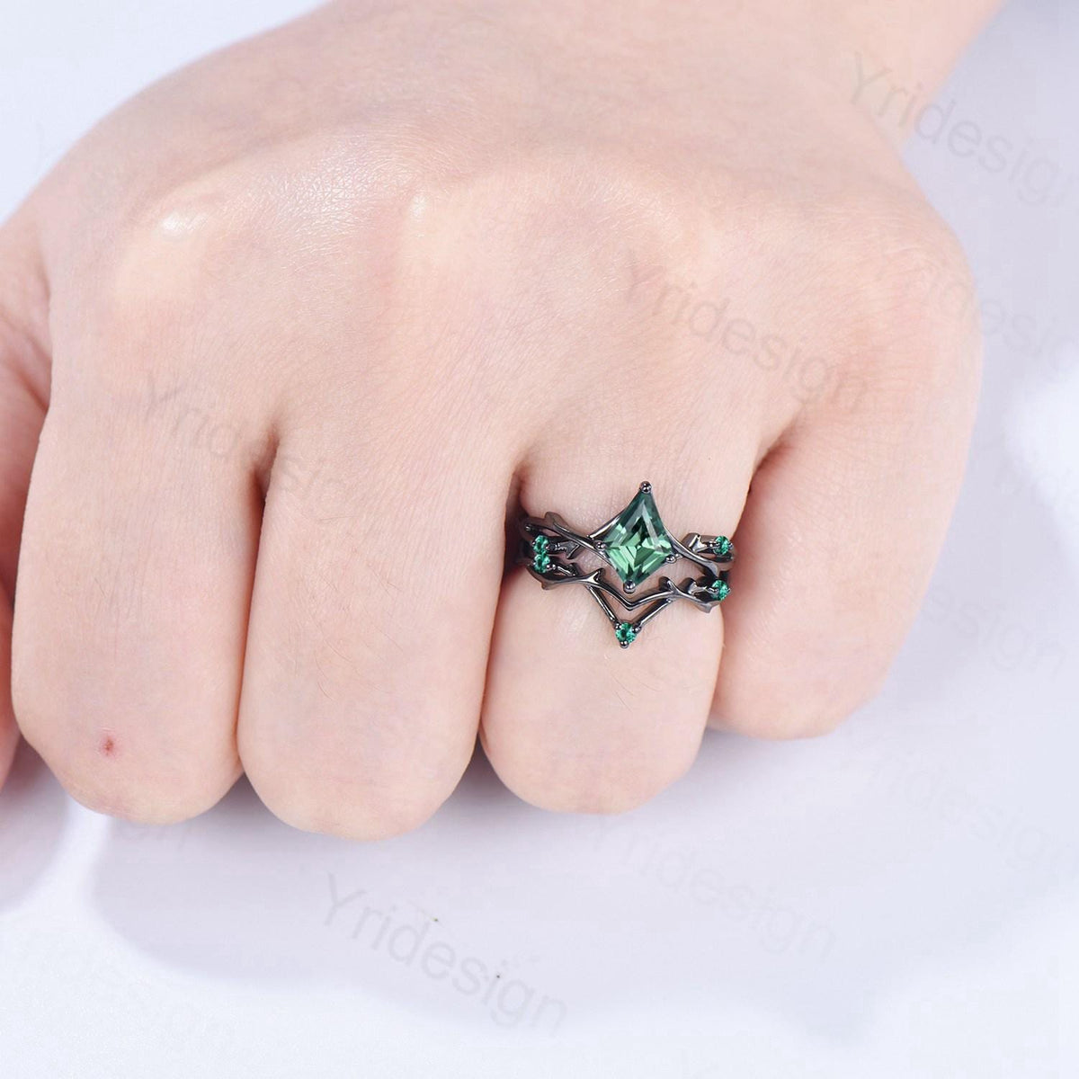 Art Deco Kite Cut Green Sapphire Engagement Ring Set, Black Gold Teal Sapphire Cluster Emerald Bridal Set Branch Vine Anniverry Ring