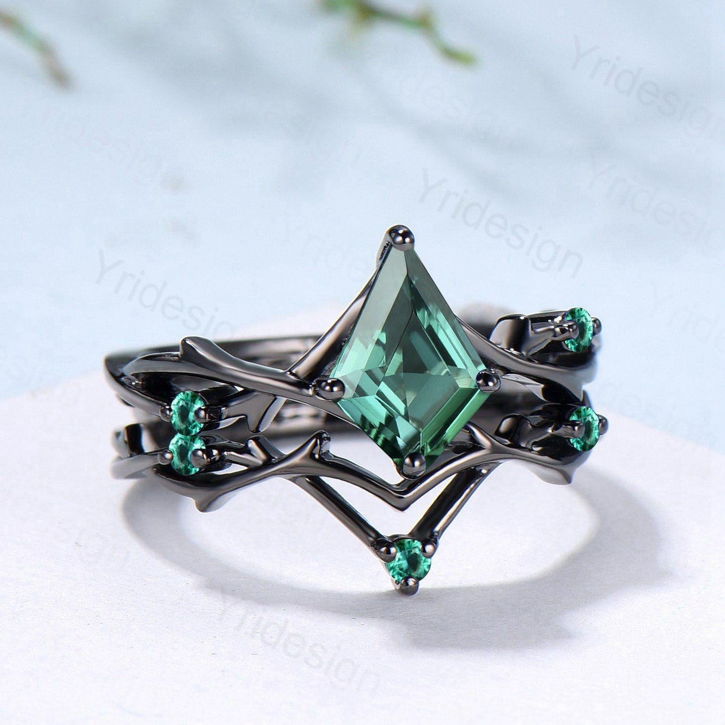 Art Deco Kite Cut Green Sapphire Engagement Ring Set, Black Gold Teal Sapphire Cluster Emerald Bridal Set Branch Vine Anniverry Ring
