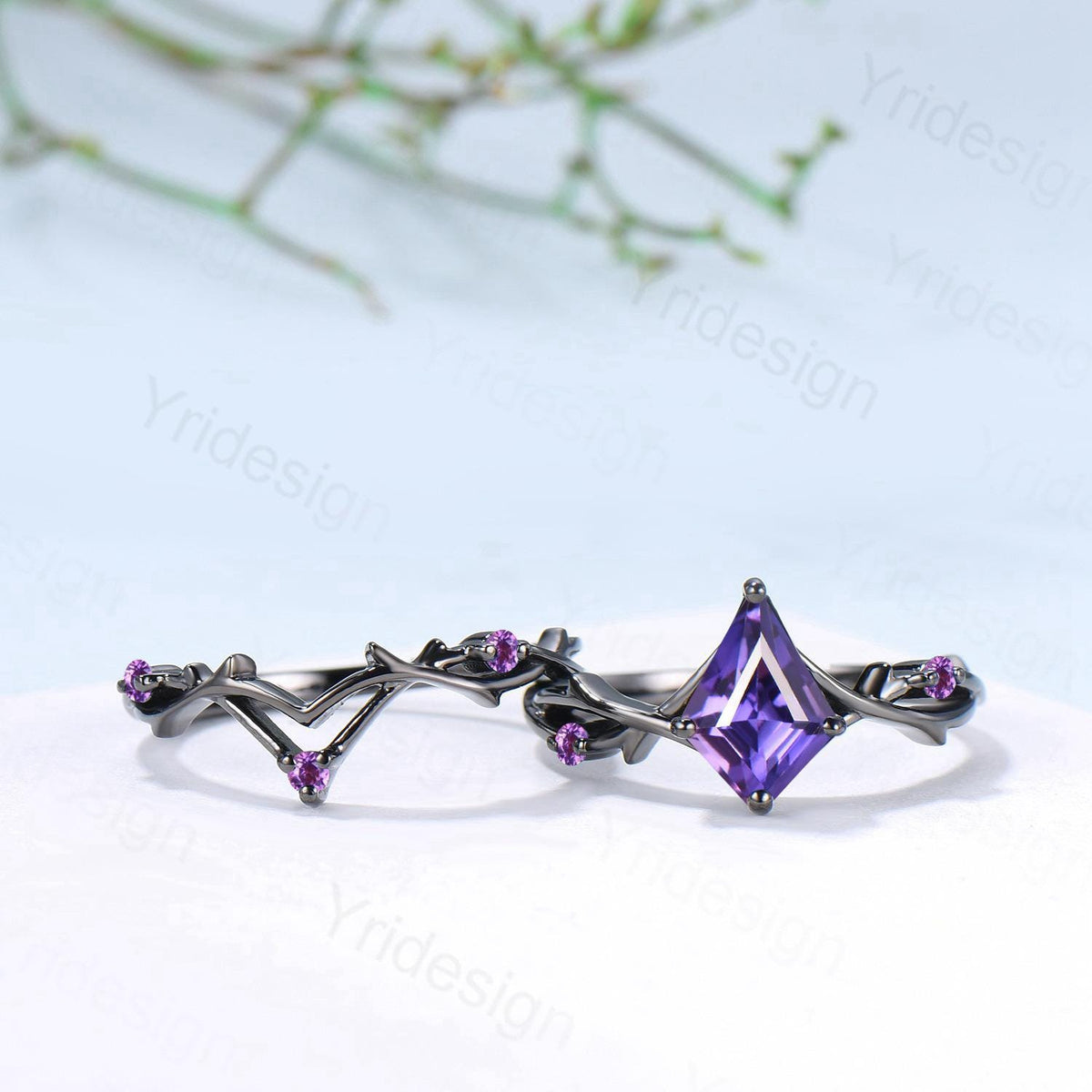 Vintage Kite Cut Purple Sapphire Engagement Ring Set, Black Gold Gothic Cluster Amethyst Bridal Set Art Deco Branch Vine Anniverry Ring