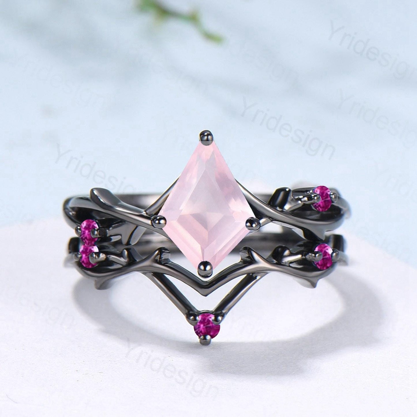 Art Deco Kite Cut Rose Quartz Engagement Ring Set, Black Gold Cluster Pink Touramaline Bridal Wedding Set Branch Leaf Vine Anniverry Ring