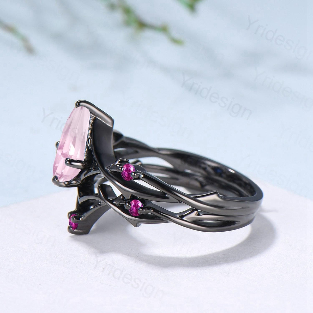 Art Deco Kite Cut Rose Quartz Engagement Ring Set, Black Gold Cluster Pink Touramaline Bridal Wedding Set Branch Leaf Vine Anniverry Ring