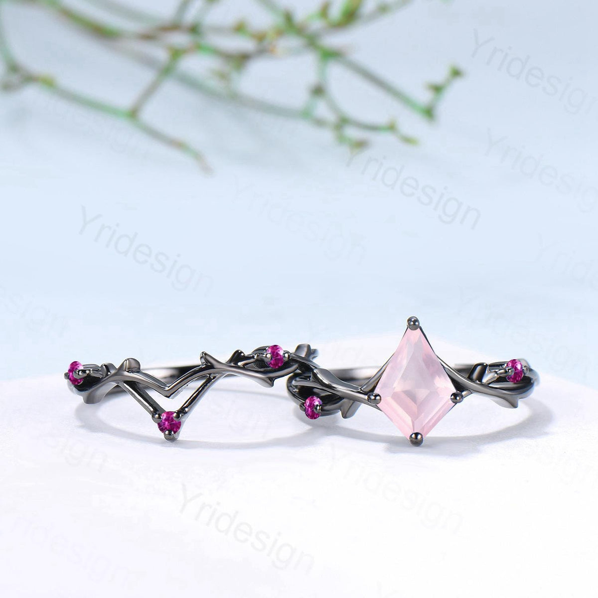 Art Deco Kite Cut Rose Quartz Engagement Ring Set, Black Gold Cluster Pink Touramaline Bridal Wedding Set Branch Leaf Vine Anniverry Ring
