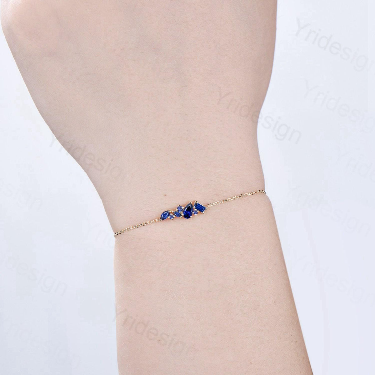 Dainty Pear Shaped Sapphire Bracelet Multi-Stone Baguette Blue Gemstone Lobster Claw Bracelet Silver Gold Art Deco Anniversary Promise Gift