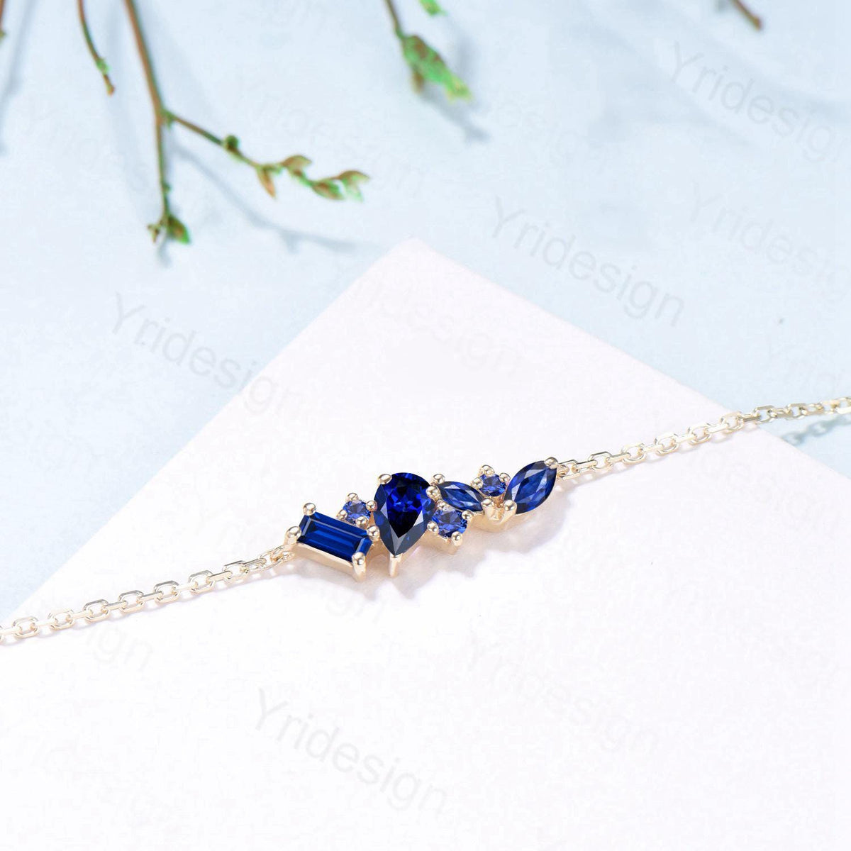 Dainty Pear Shaped Sapphire Bracelet Multi-Stone Baguette Blue Gemstone Lobster Claw Bracelet Silver Gold Art Deco Anniversary Promise Gift