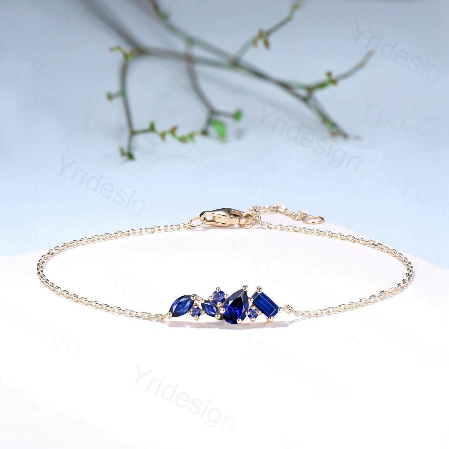 Dainty Pear Shaped Sapphire Bracelet Multi-Stone Baguette Blue Gemstone Lobster Claw Bracelet Silver Gold Art Deco Anniversary Promise Gift