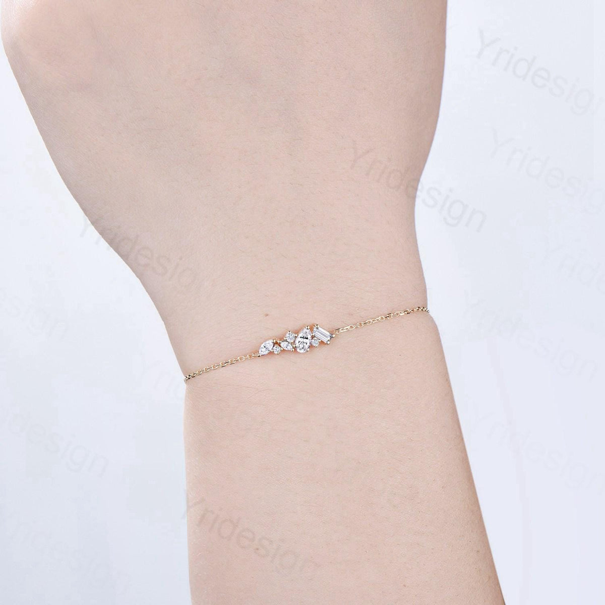 Dainty Pear Shaped Moissanite Bracelet Multi-Stone Baguette Lab Grown Diamond Lobster Claw Bracelet Silver Gold Art Deco Anniversary Gift