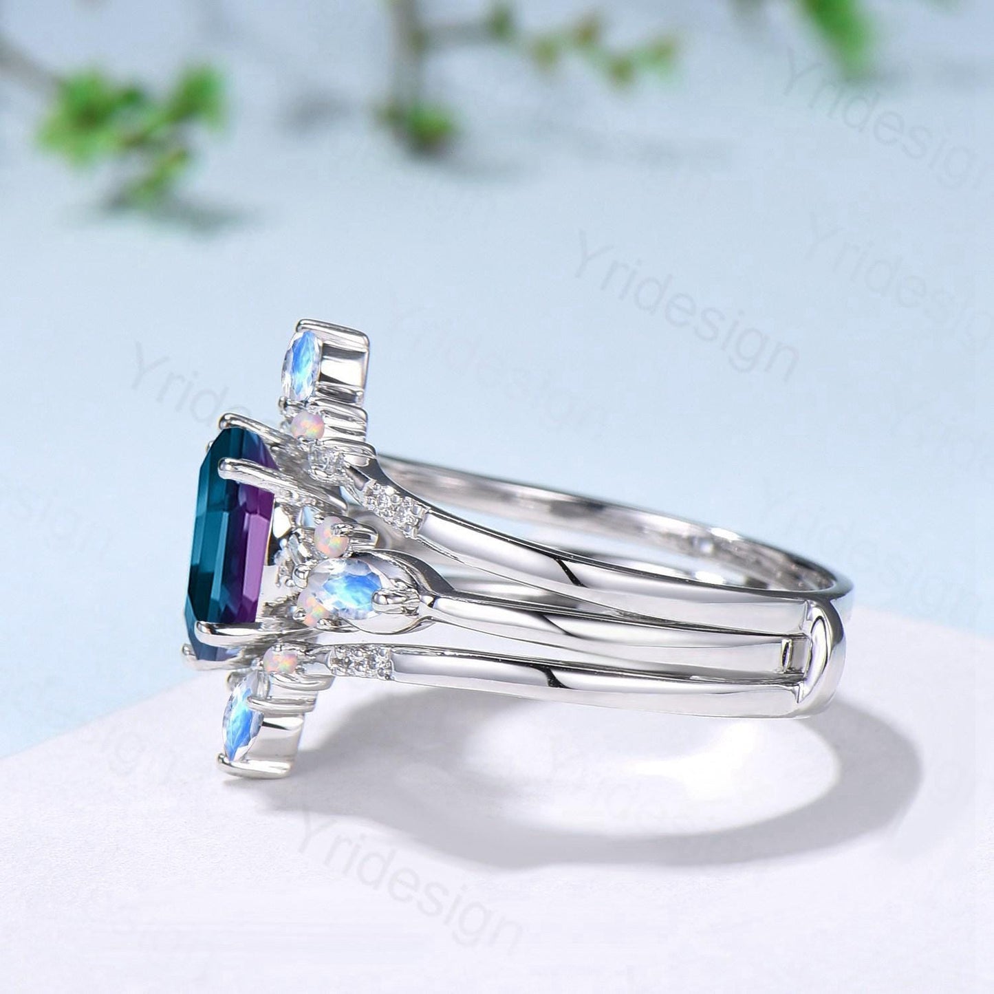Vintage Oval Cut Alexandrite Engagement Ring Set, Marquise Moonstone Opal Seven Stone Wedding Set, Enhancer Stacking Band, June Birhtstone