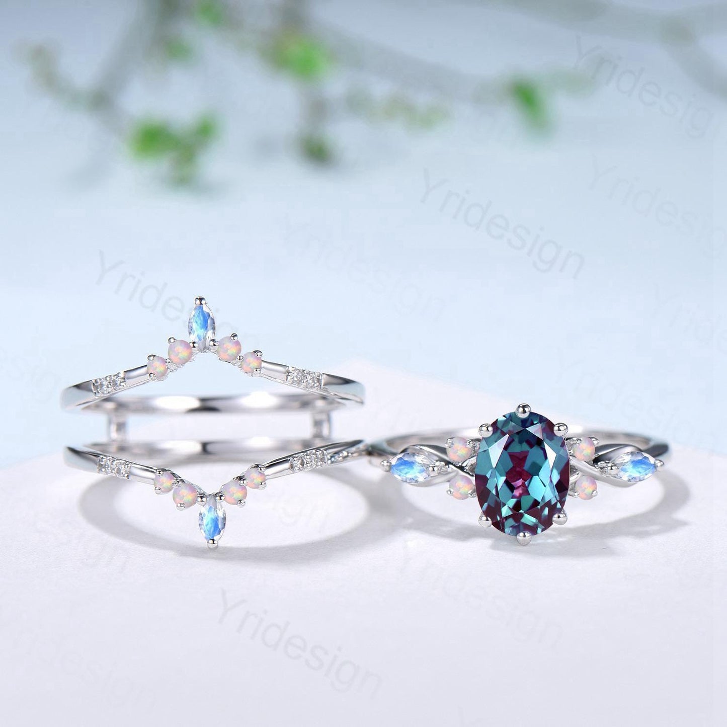 Vintage Oval Cut Alexandrite Engagement Ring Set, Marquise Moonstone Opal Seven Stone Wedding Set, Enhancer Stacking Band, June Birhtstone