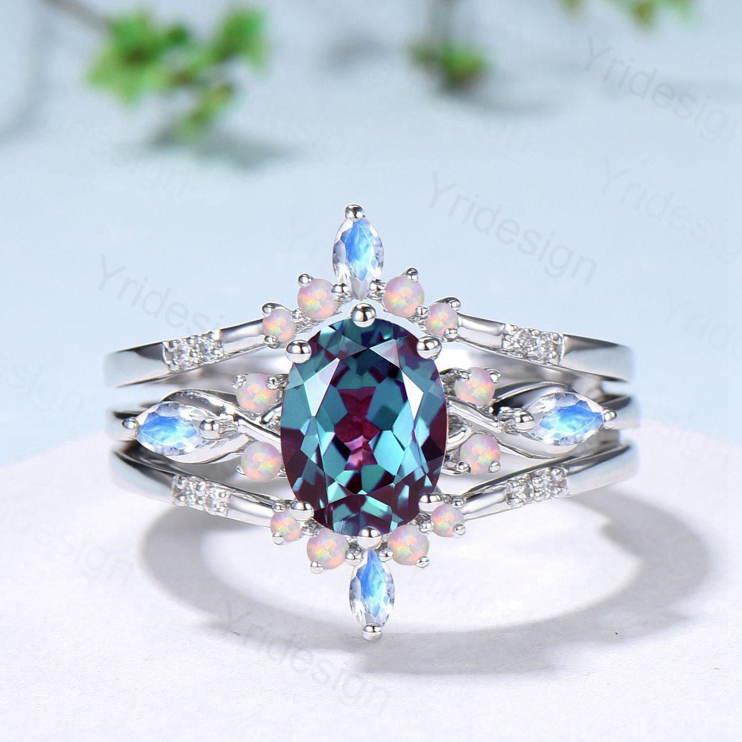 Vintage Oval Cut Alexandrite Engagement Ring Set, Marquise Moonstone Opal Seven Stone Wedding Set, Enhancer Stacking Band, June Birhtstone
