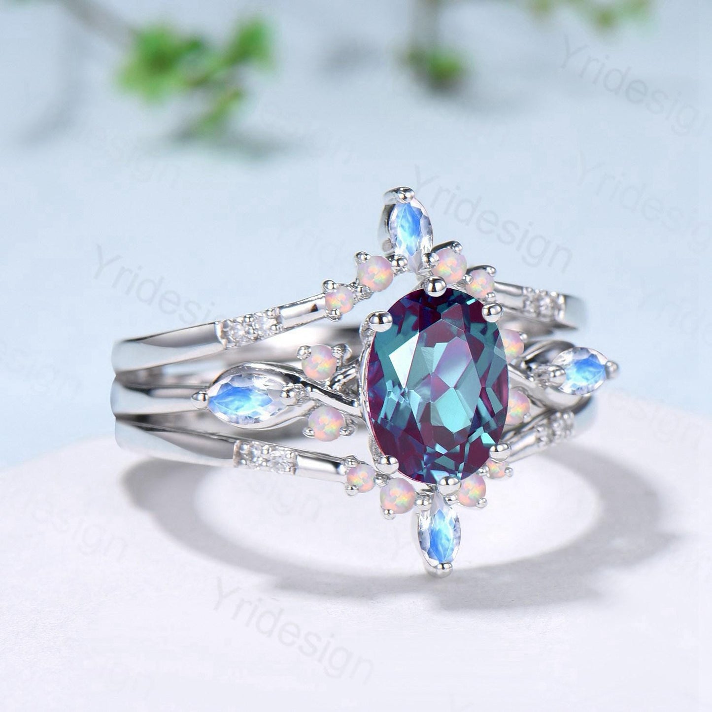 Vintage Oval Cut Alexandrite Engagement Ring Set, Marquise Moonstone Opal Seven Stone Wedding Set, Enhancer Stacking Band, June Birhtstone