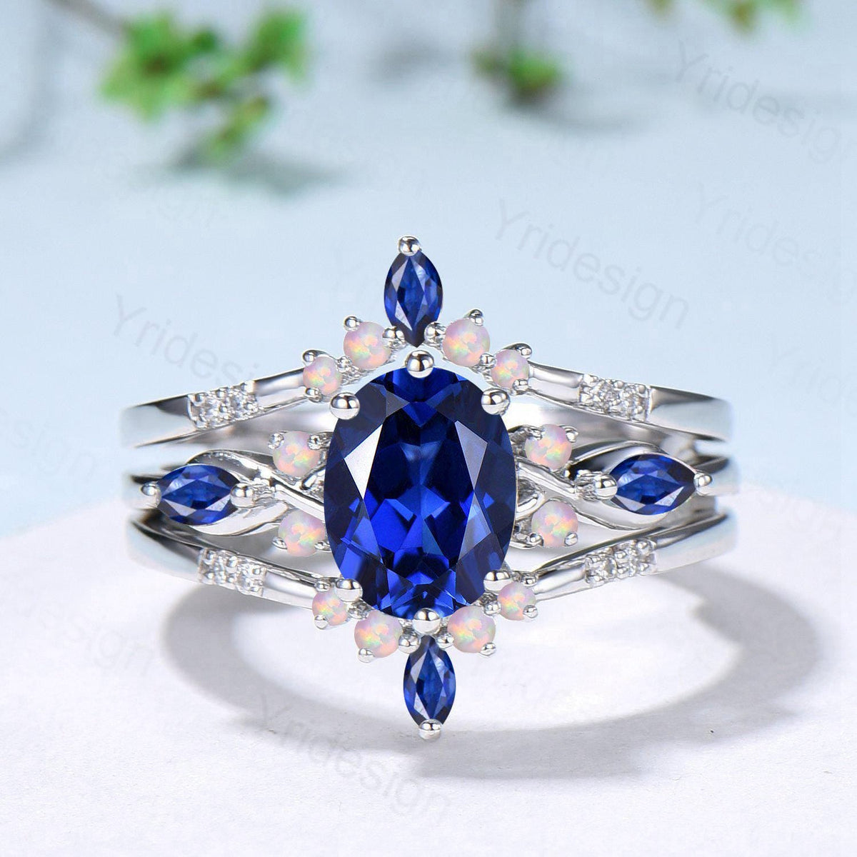 Vintage Oval Cut Sapphire Engagement Ring Set, Marquise Blue Sapphire Opal Seven Stone Wedding Set, Enhancer Stacking Band, Sep Birhtstone