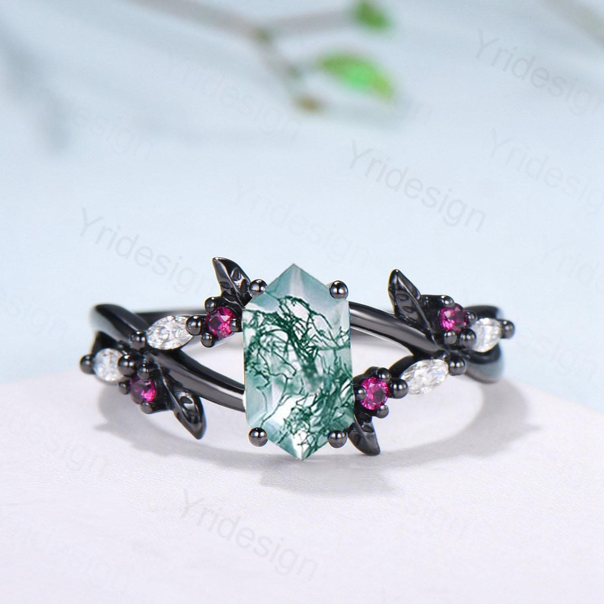 Unique Black Gold Moss Agate Ring Natural Inspired Gothic Long Hexagon Cut Engagement Ring Leaf Vine  Cluster Ruby Split Shank Wedding Ring
