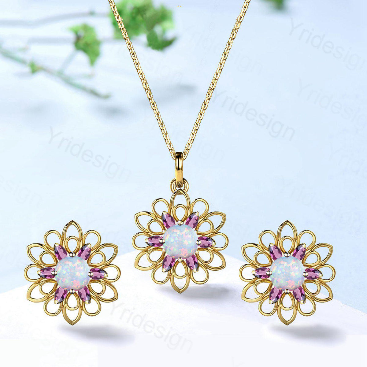 Unique SunFlower Opal Necklace & Earrings, Amethyst Pendant Stud Earrings, October Birthstone Anniversary Gifts Women Norse Viking Jewelry