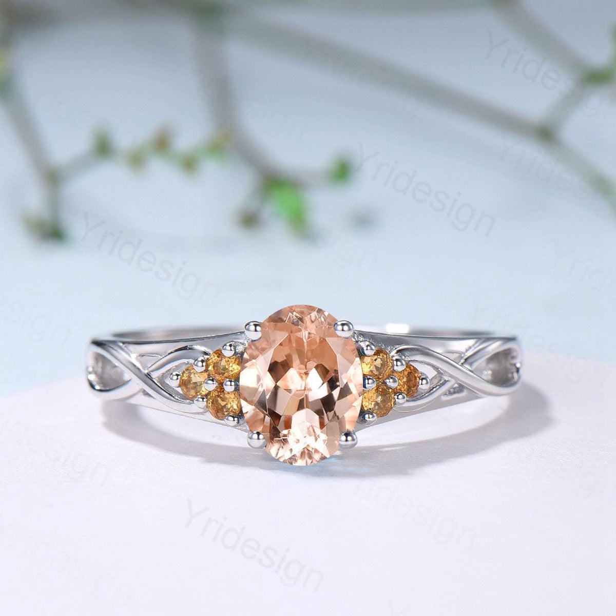 Celtic Knot Oval Morganite Engagement Ring Solid 14K/18K White Gold Unique Infinity Ring Cluster Citrine Wedding Ring Anniversary Gift Women
