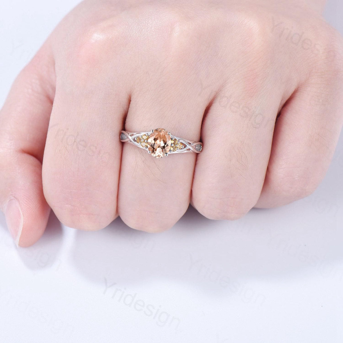 Celtic Knot Oval Morganite Engagement Ring Solid 14K/18K White Gold Unique Infinity Ring Cluster Citrine Wedding Ring Anniversary Gift Women