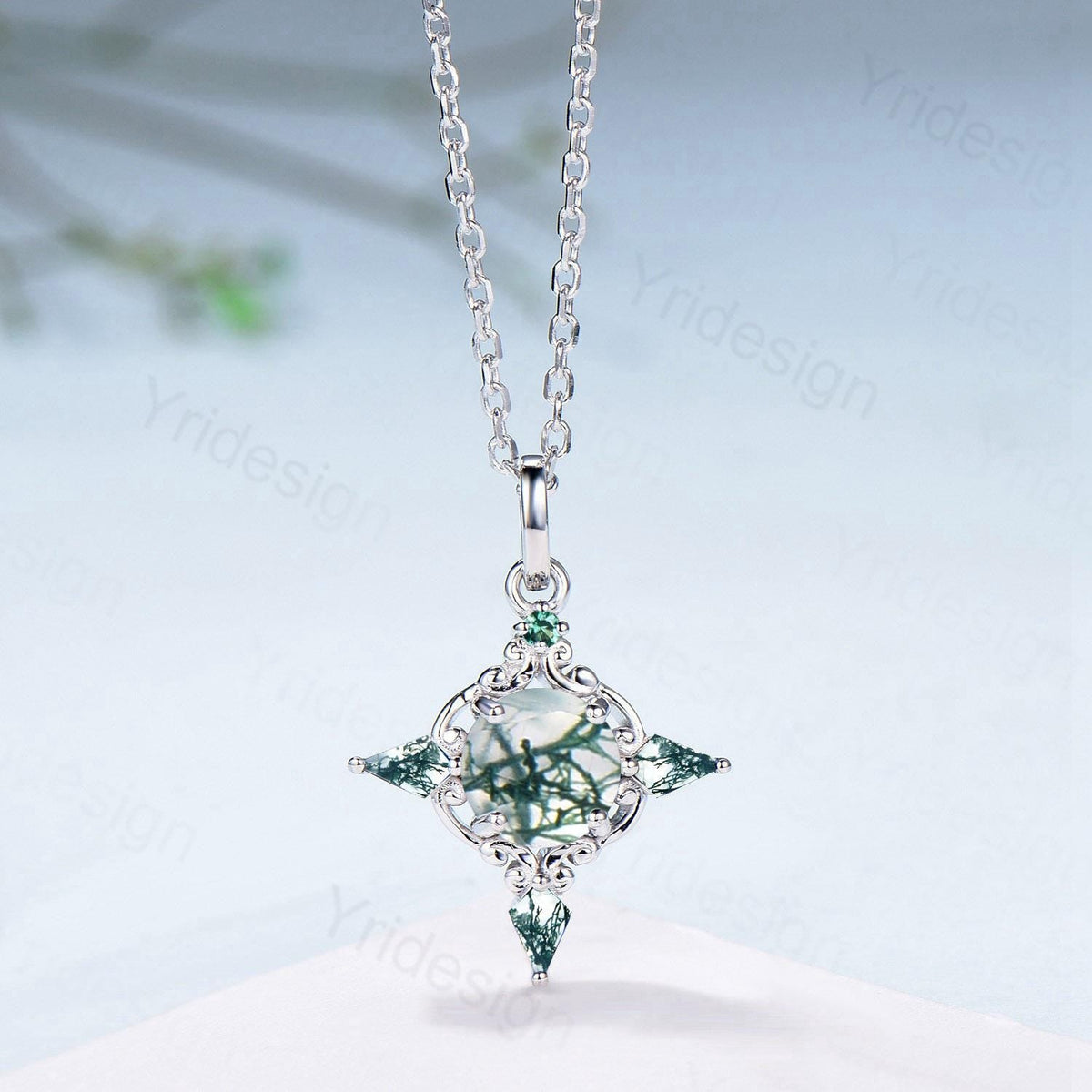 Unique Natural Moss Agate Pendant Necklace Celtic Knot Norse Viking Pendant 14K/18K White Gold Necklace Anniversary Birthday Gift for Women