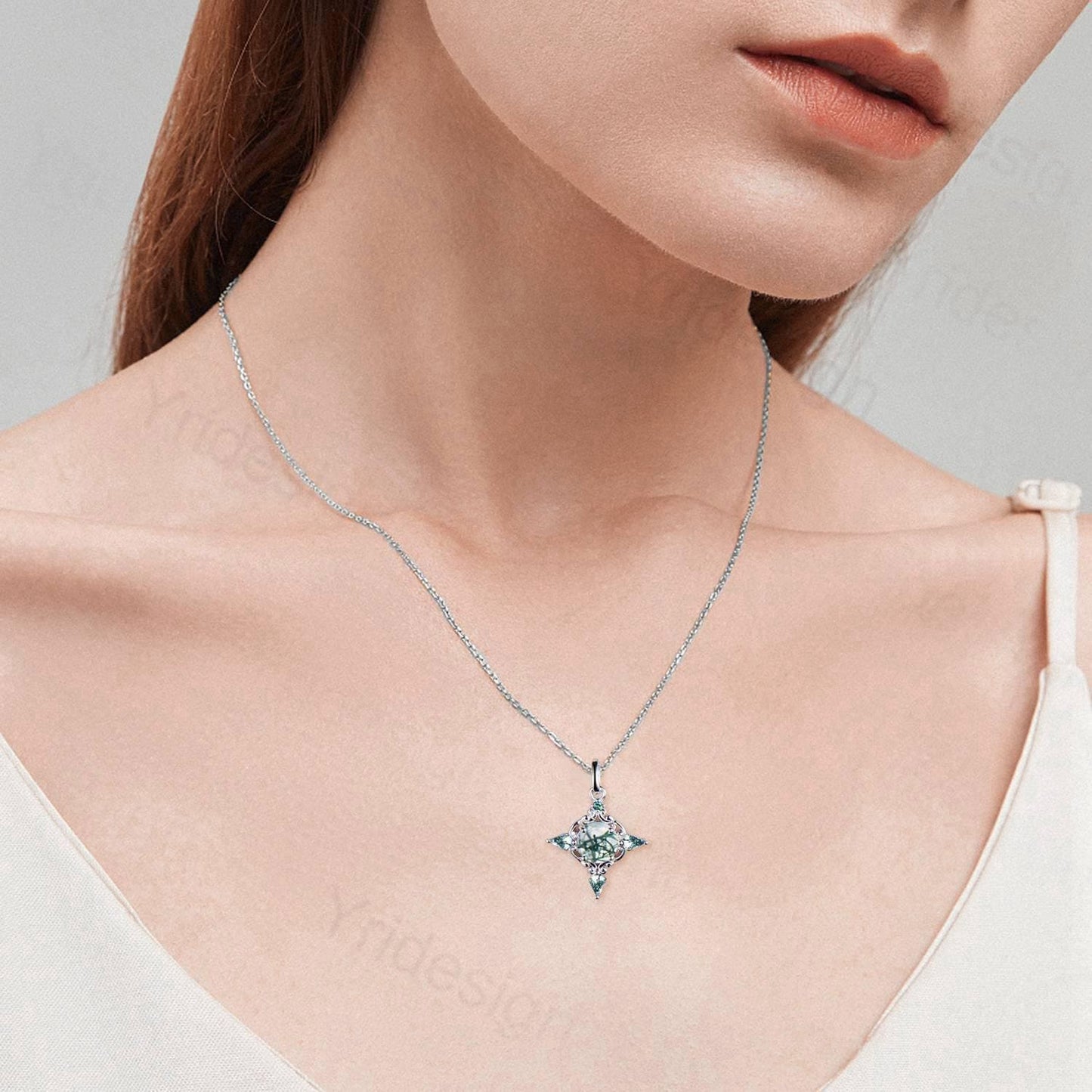 Unique Natural Moss Agate Pendant Necklace Celtic Knot Norse Viking Pendant 14K/18K White Gold Necklace Anniversary Birthday Gift for Women