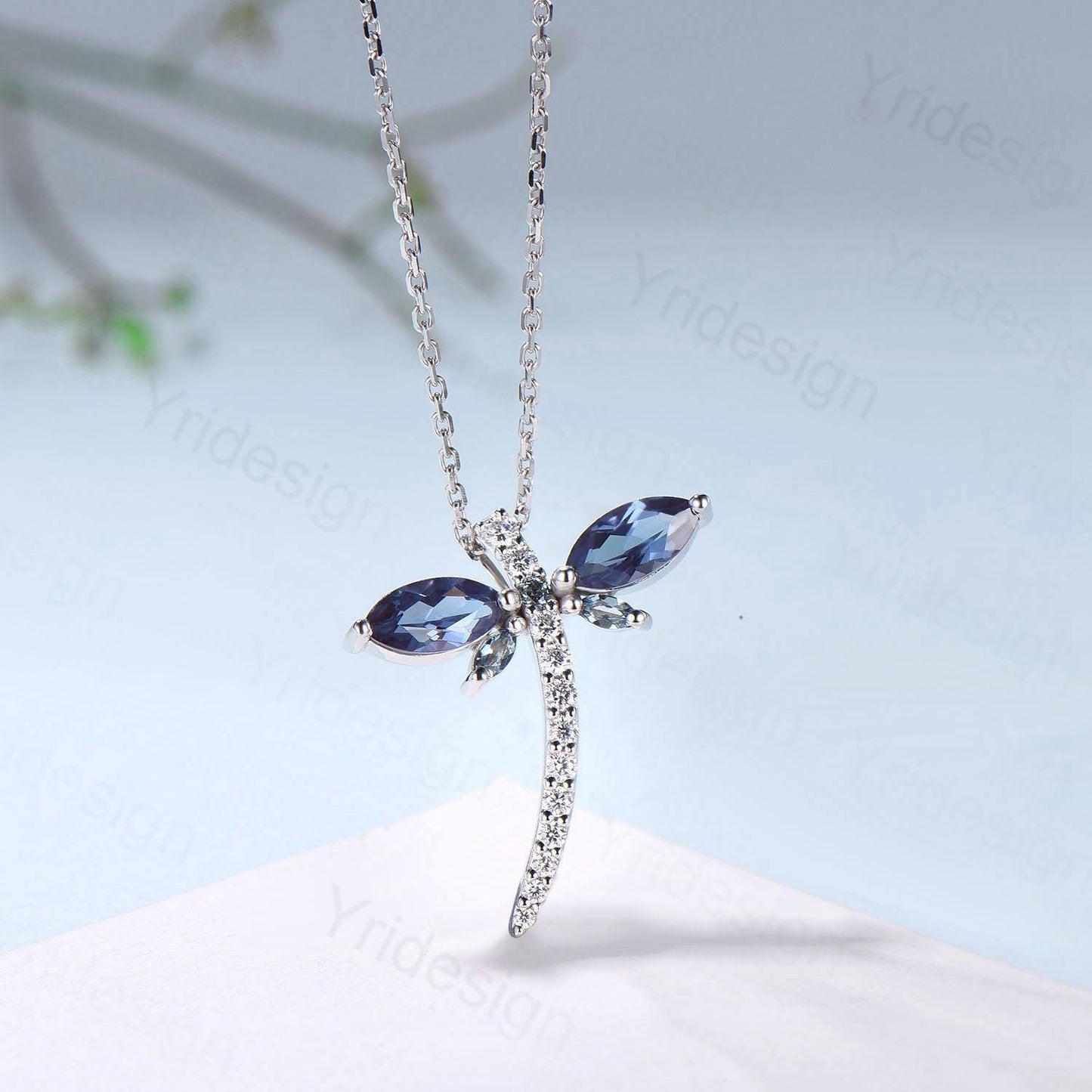 Alexandrite Dragonfly Necklace with Moissanite Diamonds - Dainty Iridescent Insect Jewelry for Women, Delicate Nature-Inspired Pendant Gift