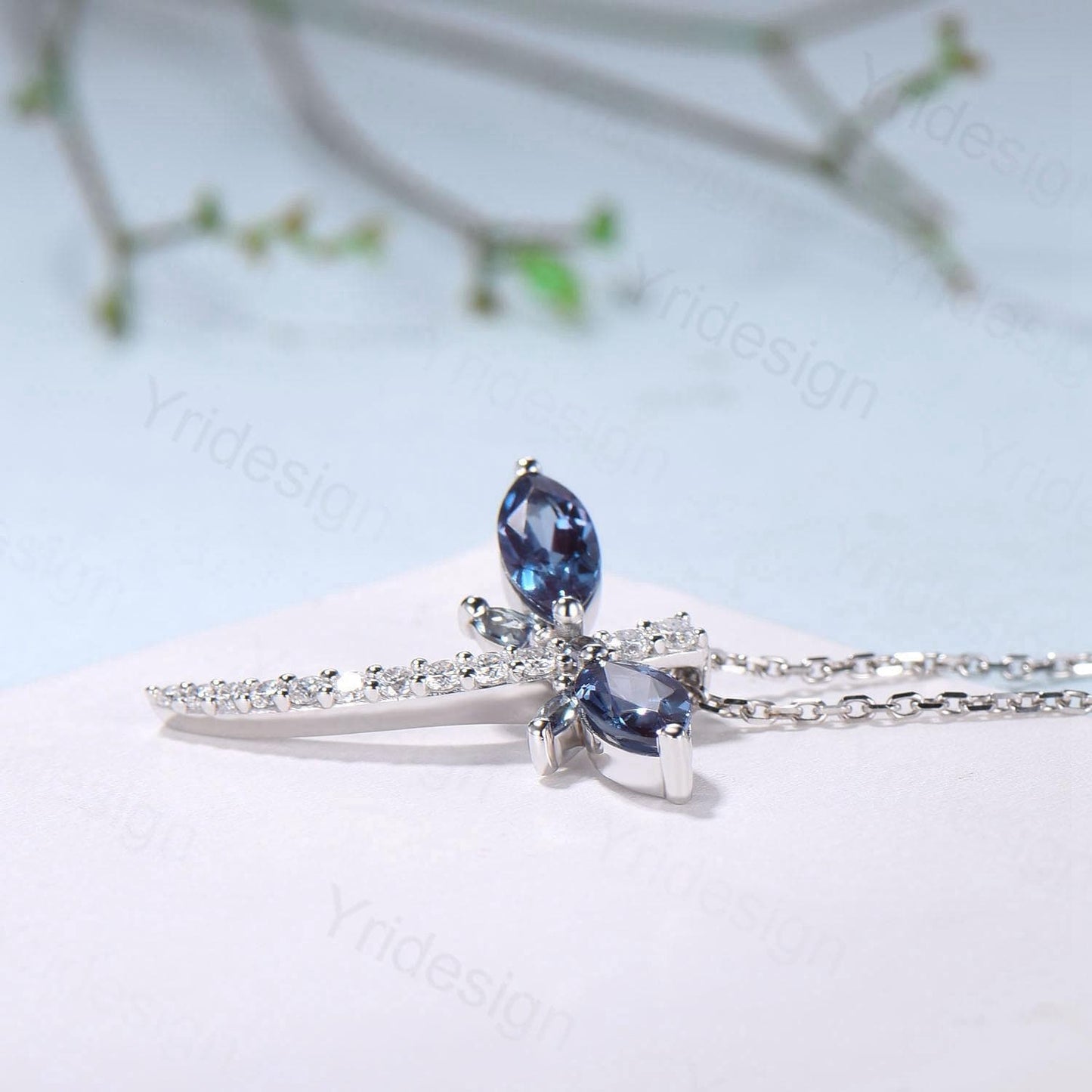 Alexandrite Dragonfly Necklace with Moissanite Diamonds - Dainty Iridescent Insect Jewelry for Women, Delicate Nature-Inspired Pendant Gift