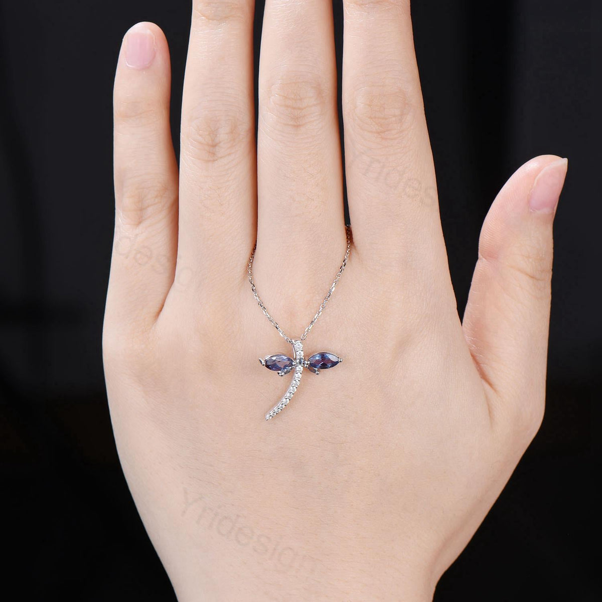 Alexandrite Dragonfly Necklace with Moissanite Diamonds - Dainty Iridescent Insect Jewelry for Women, Delicate Nature-Inspired Pendant Gift