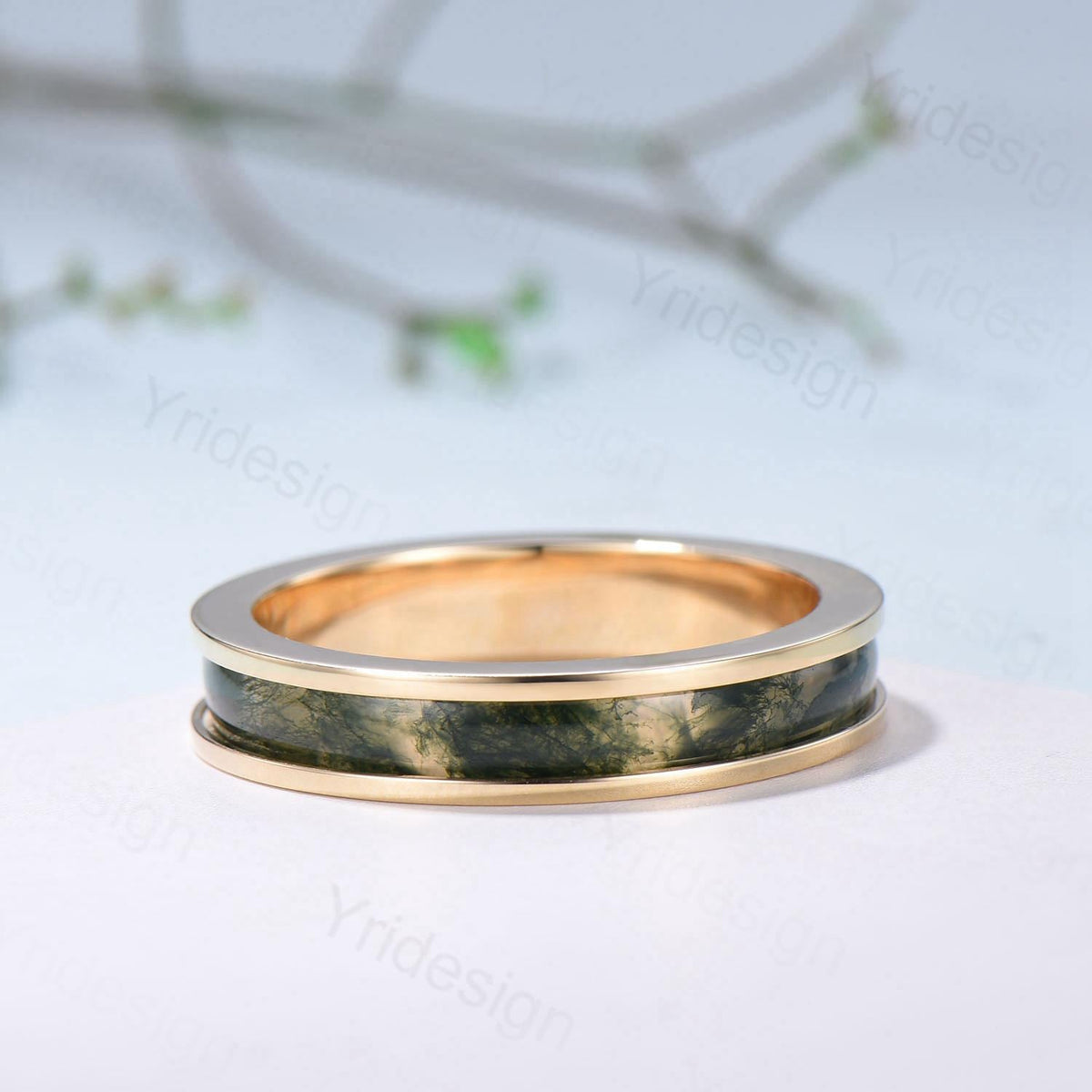 Men¡¯s 4.5mm Moss Agate Wedding Band Yellow Gold- Full Eternity Forest Jewelry, Dainty Stackable Anniversary Ring
