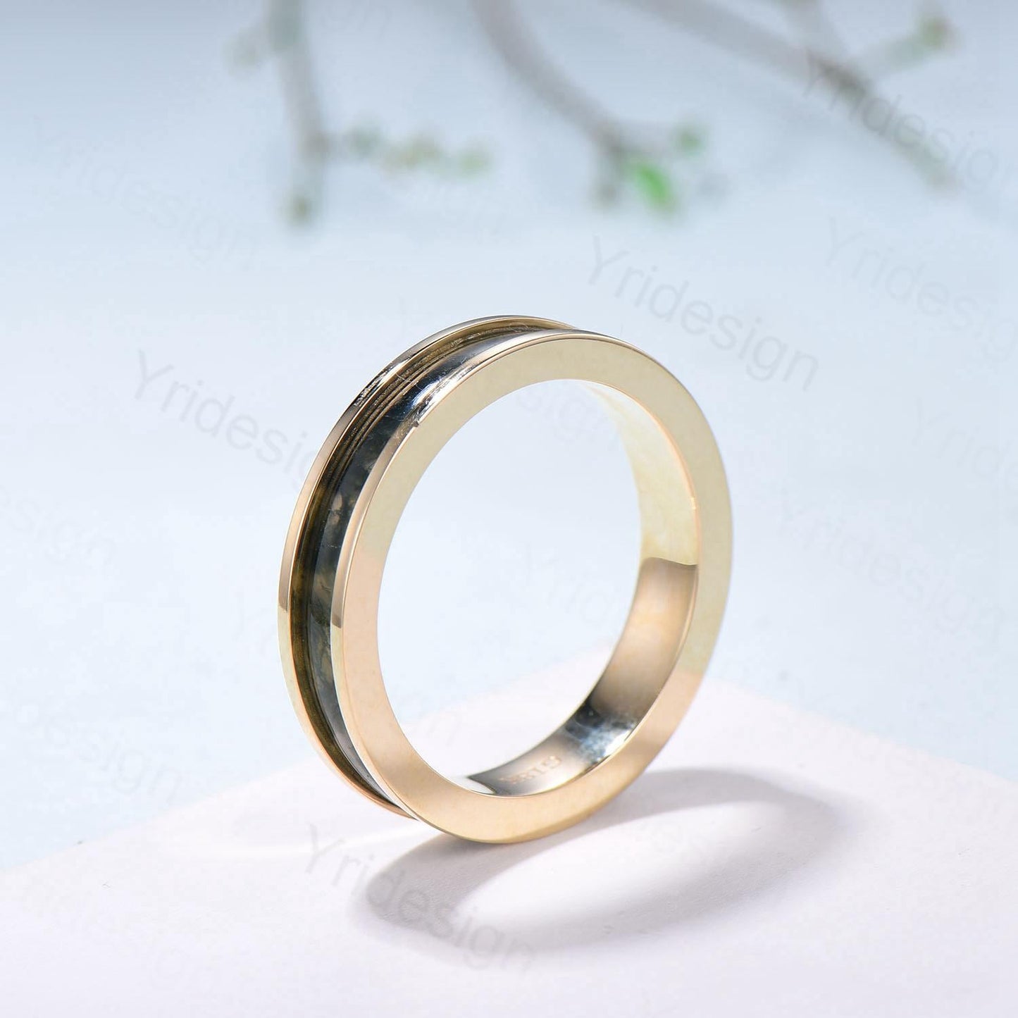 Men¡¯s 4.5mm Moss Agate Wedding Band Yellow Gold- Full Eternity Forest Jewelry, Dainty Stackable Anniversary Ring
