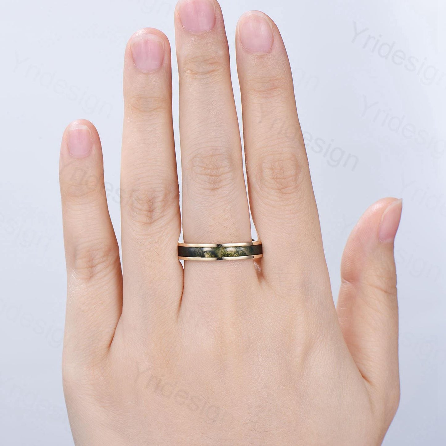 Men¡¯s 4.5mm Moss Agate Wedding Band Yellow Gold- Full Eternity Forest Jewelry, Dainty Stackable Anniversary Ring