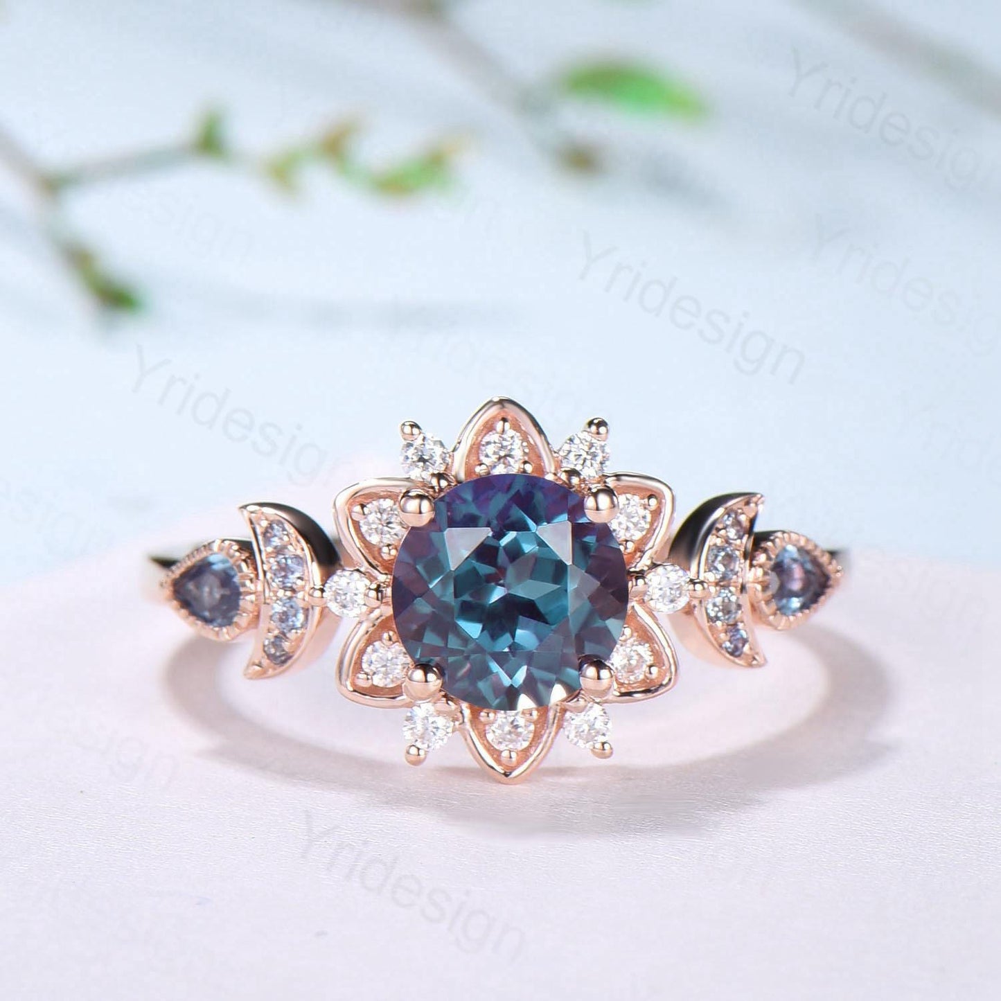 Floral Alexandrite Engagement Ring, Moissanite Diamond Lotus, Rose Gold
